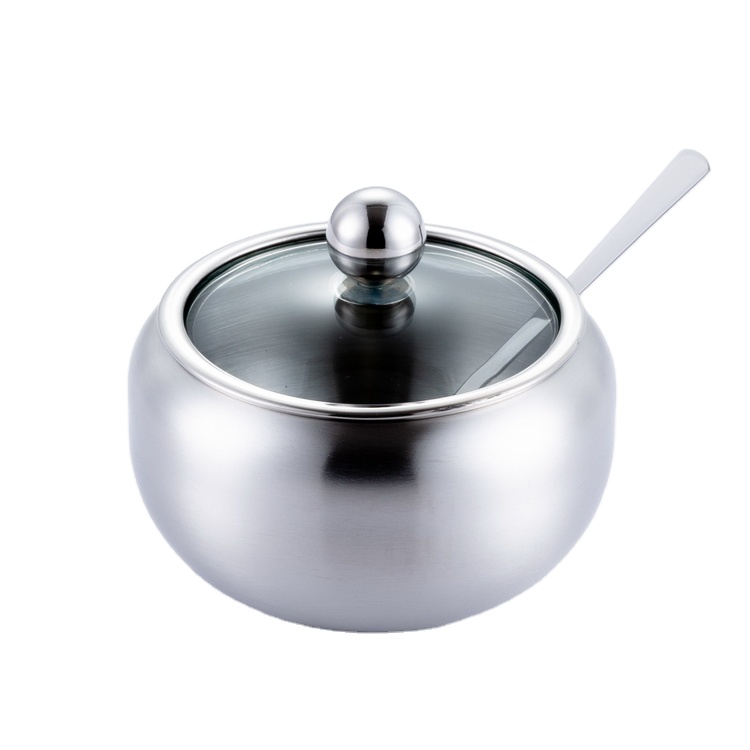 Stainless Steel Drum Shape Sugar Bowl With Glass Lid And Spoon