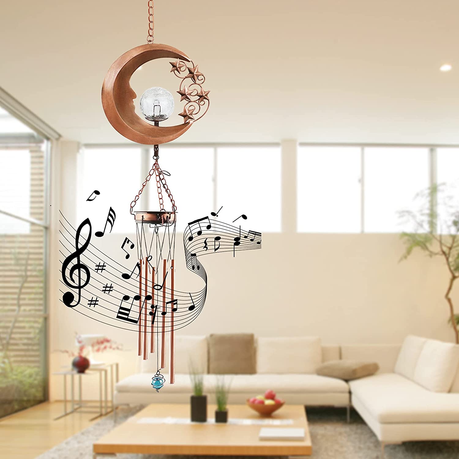 Outdoor Hanging Metal Moon Sun Waterproof Warm Led Lights Garden Yard Solar Wind Chime Light