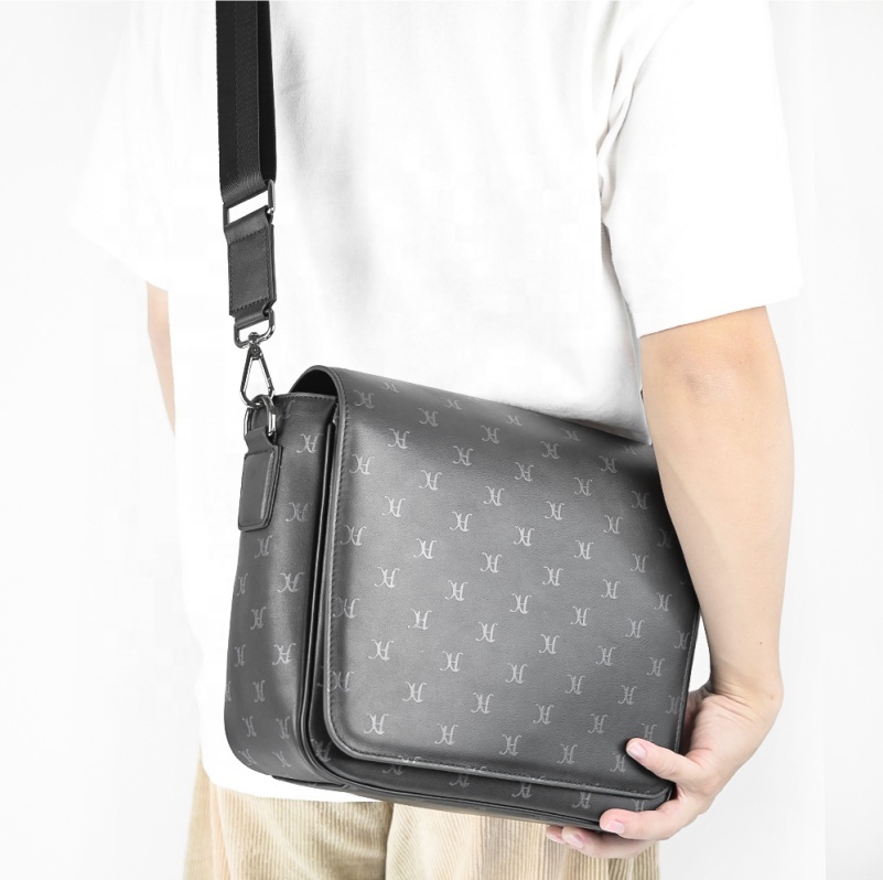 custom high quality mens black real genuine real leather messenger shoulder crossbody bag