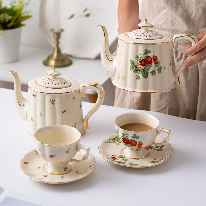 European Strawberry Pattern Coffee Tea Cup Set with Saucers Pot Plate