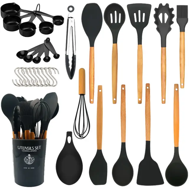 Kitchen Cooking Utensils Set 24 Pieces Non-Stick Wooden Handle Silicone Cooking Kitchen Utensils Spatula Set Kitchen Gadget Set