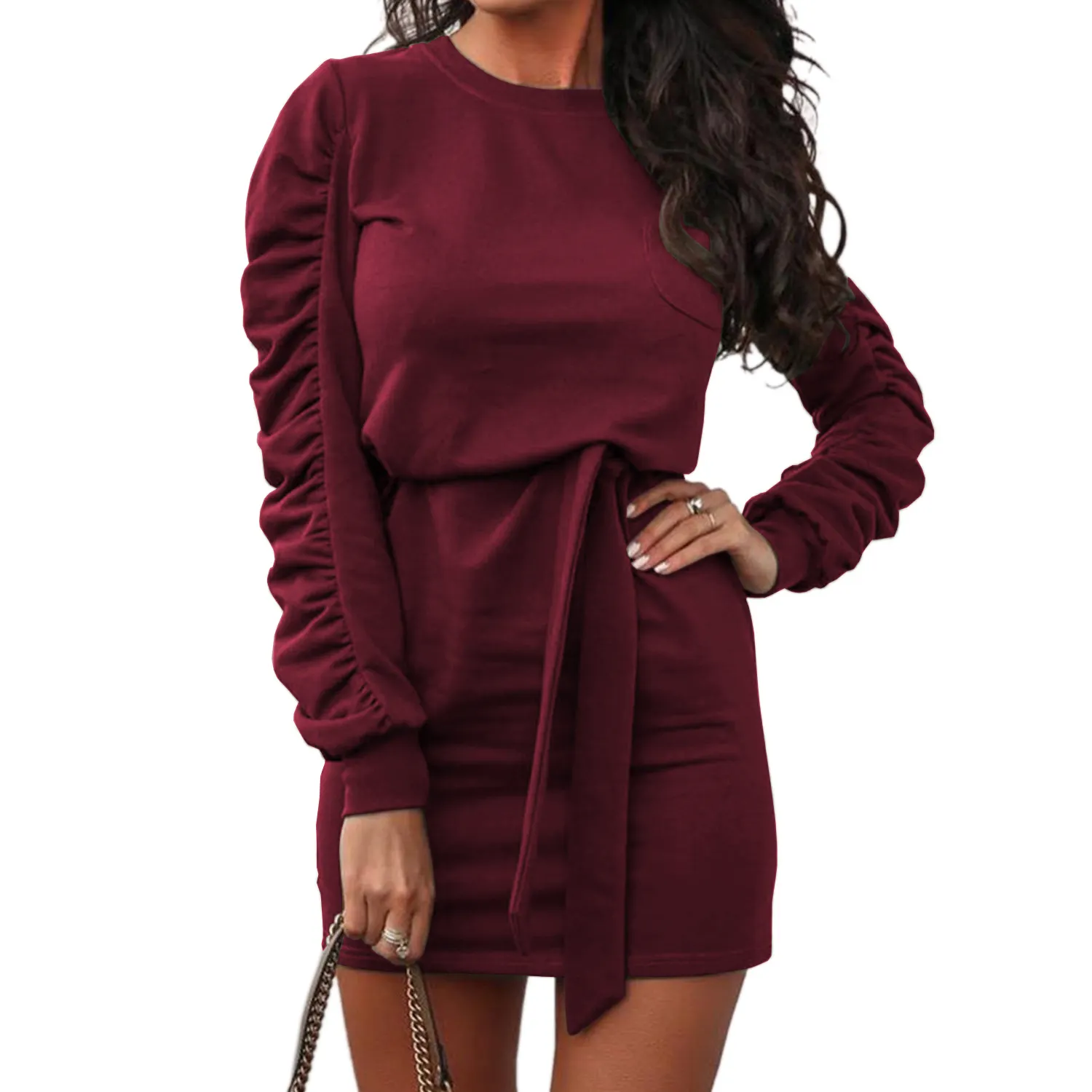 BEST SELLING Daily Wear Solid Casual Dress Long Ruffled Sleeve Knit Dresses with Sashes