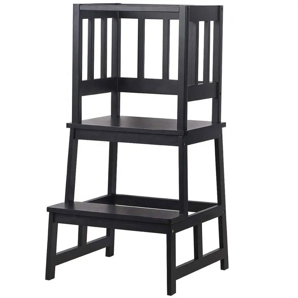 Bamboo Kids Step Stool Kids Learning Stool Child Standing Tower with Safety Rail Black