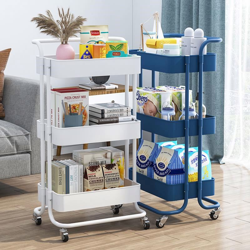 Multi-purpose 3 Tiers Movable Home Storage Rack Utility Rolling Trolley Cart Metal Foldable Kitchen Trolley Cart