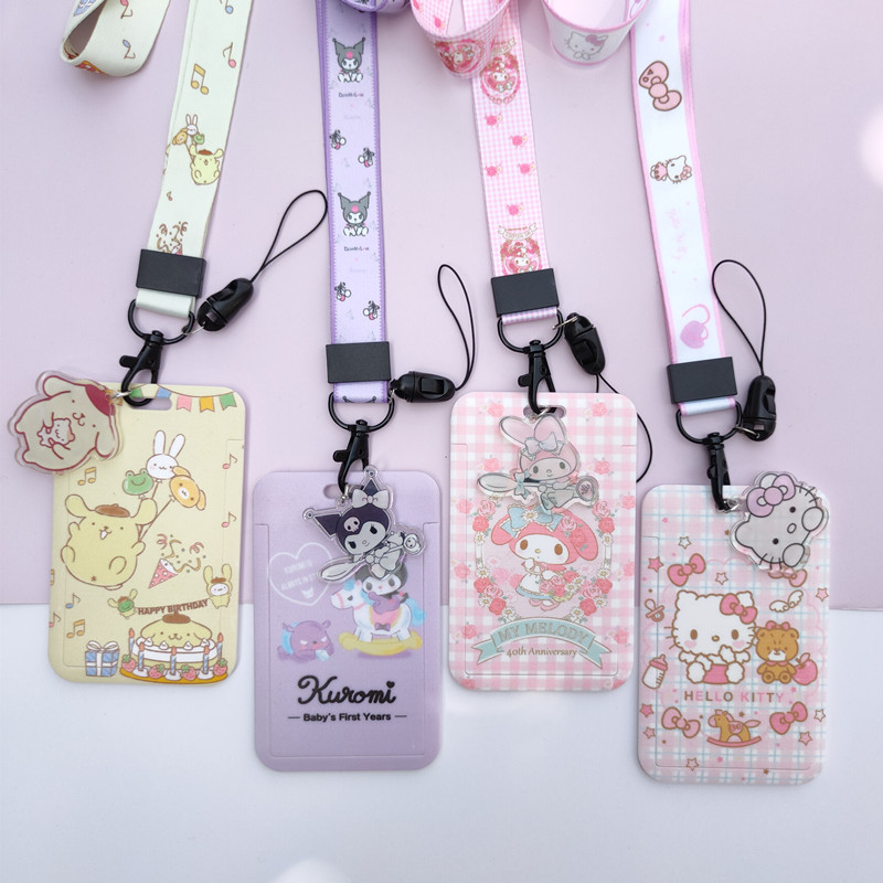 Lanyard Cute Cartoon Hello Kitty Student ID Cards Case Melody Purin Name Badge Plastic Card Holder Polyester with Pendant Cover
