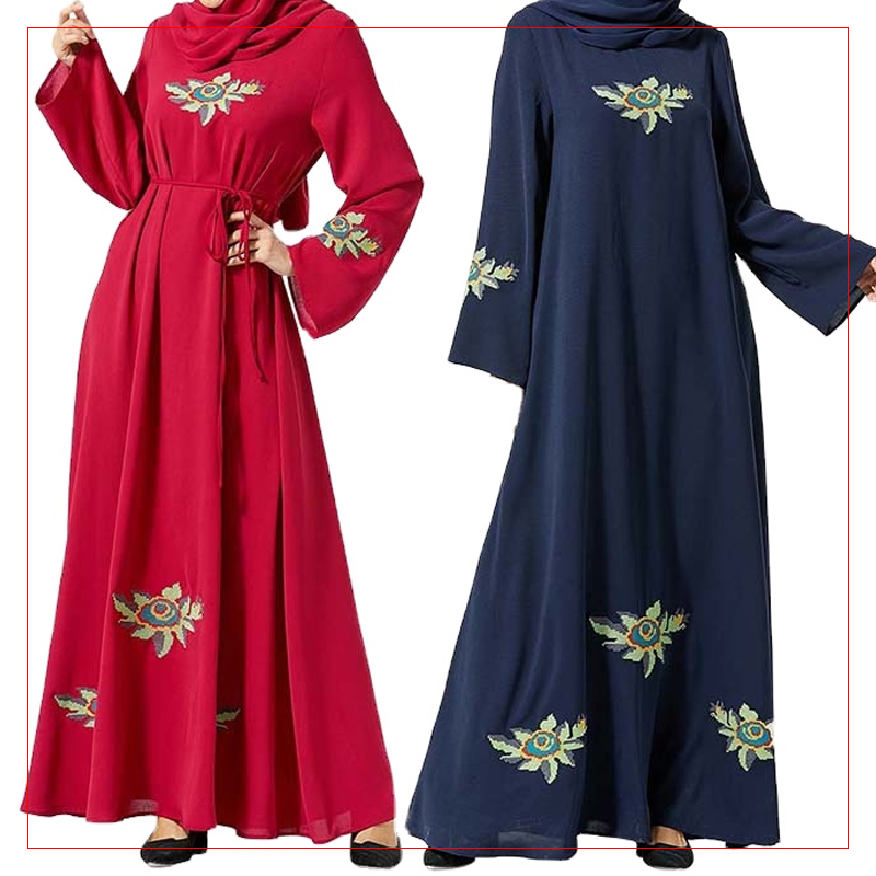 Модное городское платье для отдыха abaya женское платье с растительной вышивкой поясом мусульманское платье с широким рукавом