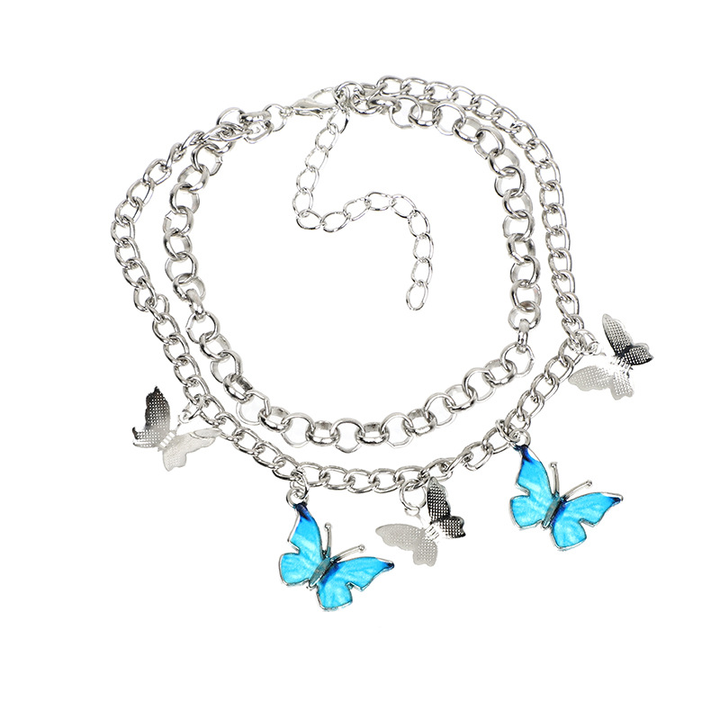 New Arrival Trendy Niche Design Silver Bracelet Ins Popular Double Layer Blue Butterfly Charm Bracelet for Women Girls