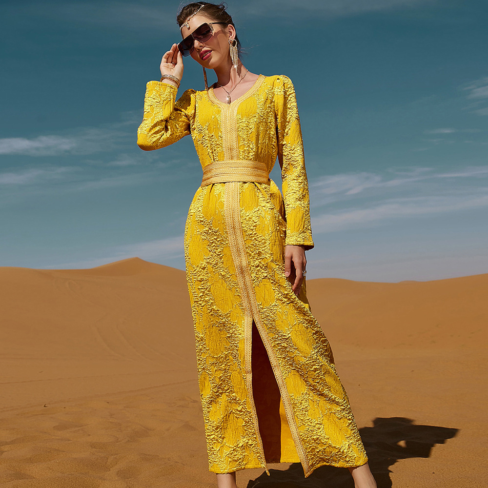 Explosion Embroidery Long Dress Palace Wind Stereo Pattern New Middle East Family Gathering Skirt Yellow Long Dress