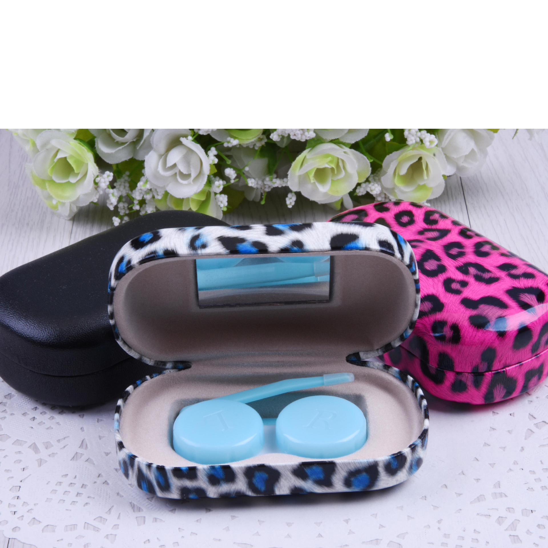 Customizable Leopard Contact Lenses Case Boxes Travel kit Portable Contact Lens Cases with Mirror