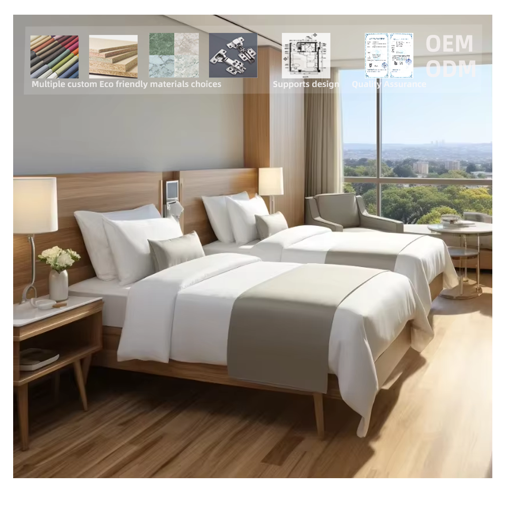 Customized Luxury Five-star Hotel Furniture Sets 2 Queen-sized Wooden Headboard Bed Bases Hotel Bedroom Furniture Set