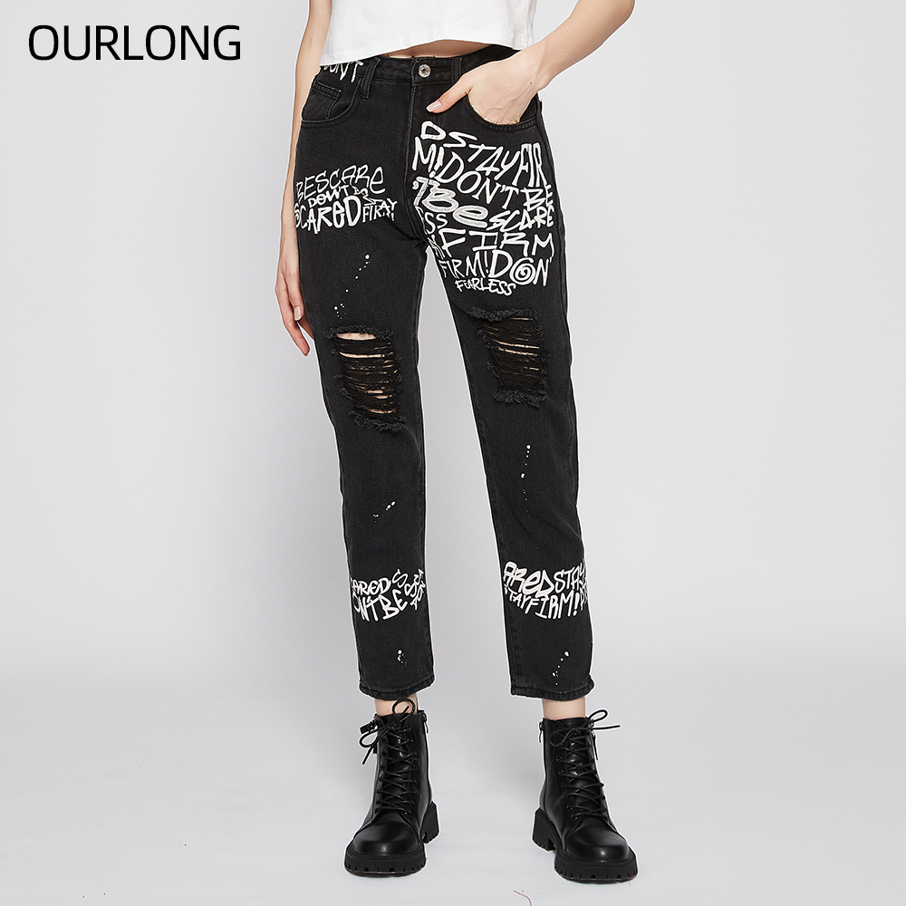 OURLONG letter print straight black denim women's ripped jeans trousers casual pants
