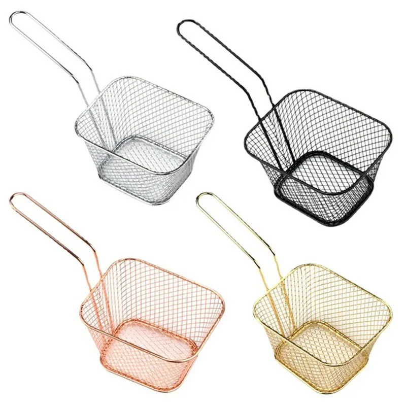 Square four color stainless steel French fries basket mesh sieve chicken nuggets snack basket