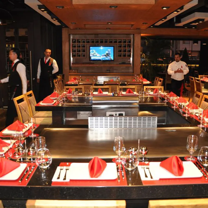 High Efficient 10 Seats Commercial Restaurant Gas Teppanyaki Grill Table with Perimeter Decoration