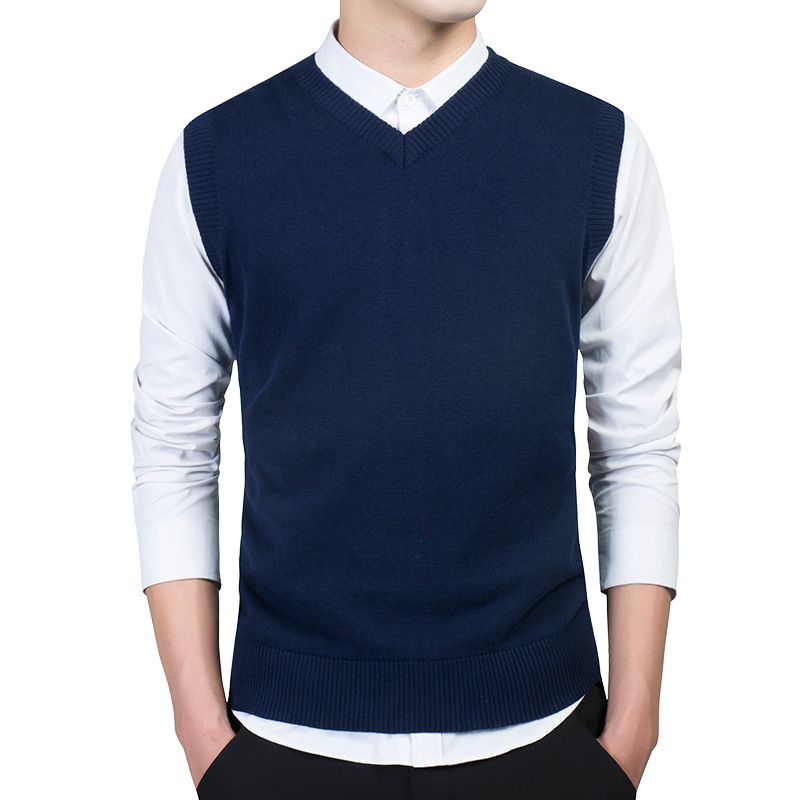 2021 Men 100% Cotton Solid Sweater V Neck Casual Male Vest Sweater Men Pullover Knitted Sleeveless Oversize Sweater