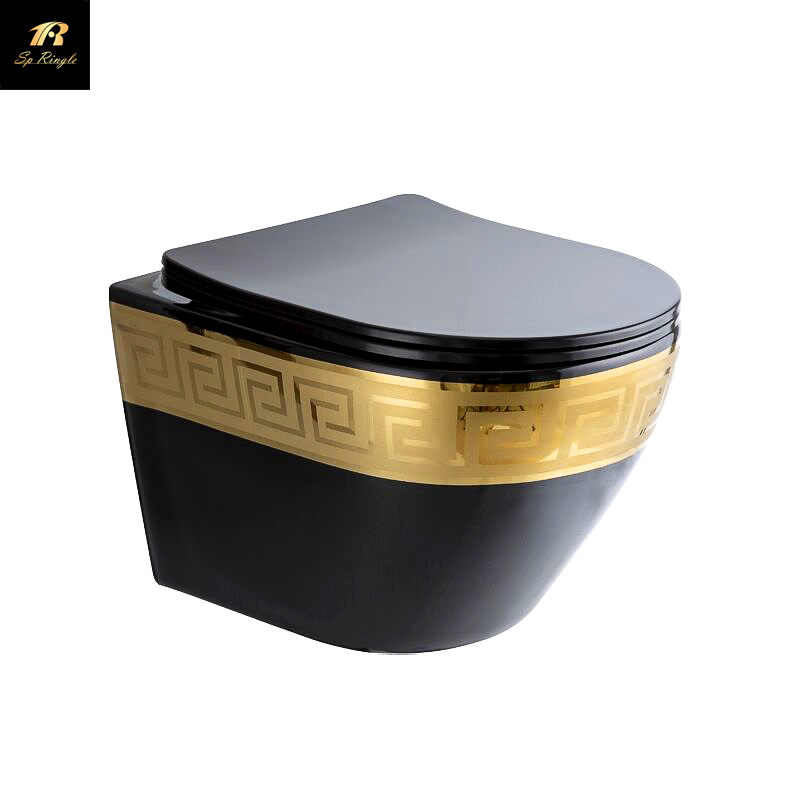 Custom noise reduction rimless hanging wc sanitary ware siphon washdown black golden toilet