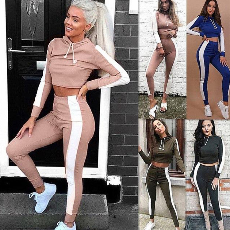 Wholesale two piece casual sweatpants and hoodie jogger sets croptop hoodie set for women