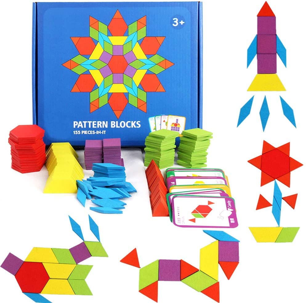 155 Pcs Geometric Puzzle Montessori Toys Stacking Counting Math Learning Game Wooden Pattern Blocks for Toddlers