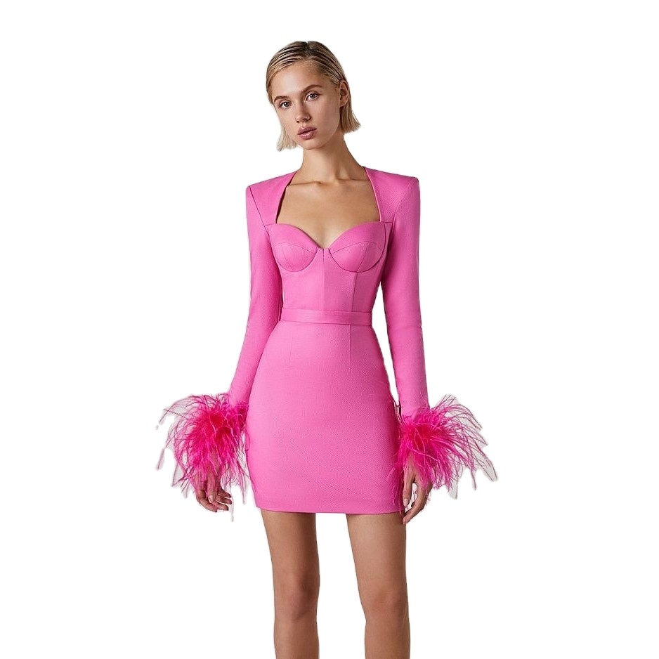 Custom Design Elegant Luxury Mini Long Sleeve Bodycon Wear Luxury Ostrich Feather Wedding Prom Dress