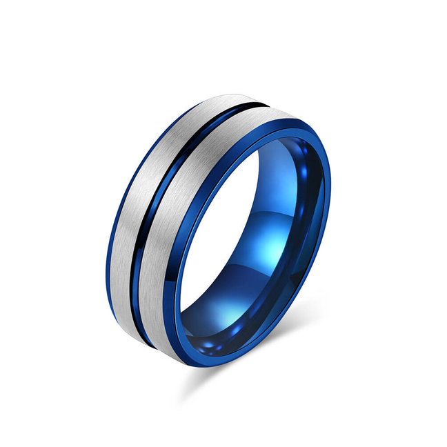 8 mm Blue Tungsten Carbide Ring for Men Women Wedding Band Beveled Edges Silvery Grooved Center Flat Brushed Finish Comfort Fit
