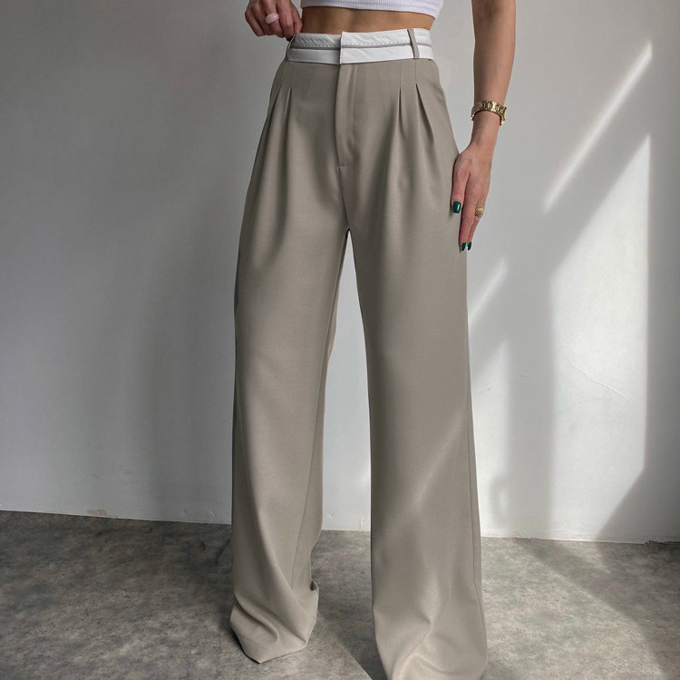 RedPeony Casual Chic Spliced Full Length Female Pants Fashion High Waist Straight Trousers Elegant Loose Gray Office Women Pants
