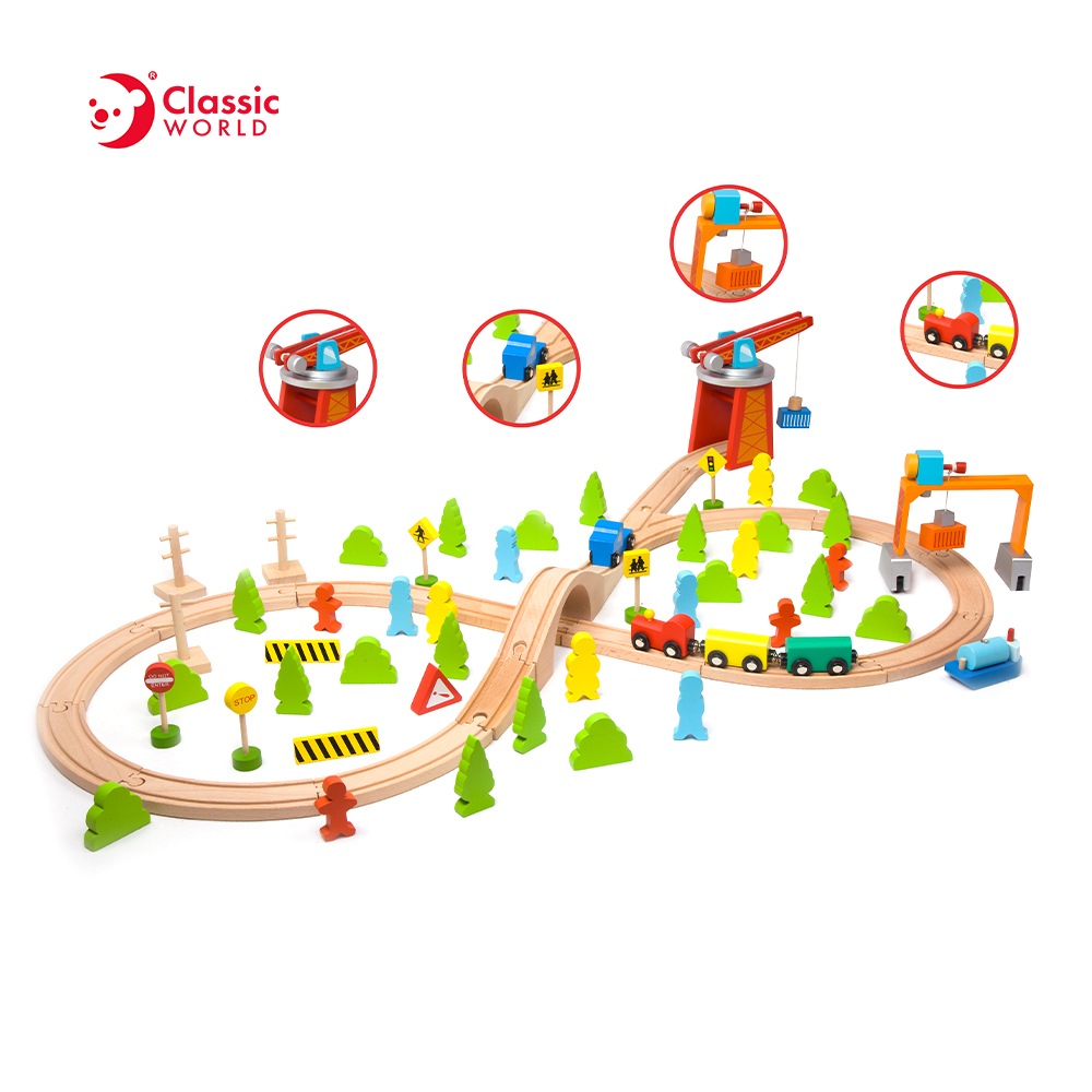 Classic World Fine Motor Skill Toys Wooden Train Set 75pcs Slot Toys Track Racing