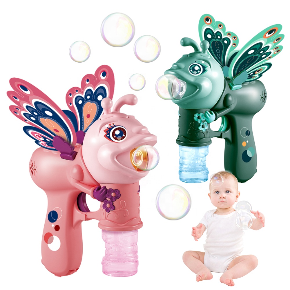 Summer outdoor light up butterfly shape soap bubble gun toy for kids with bubble water