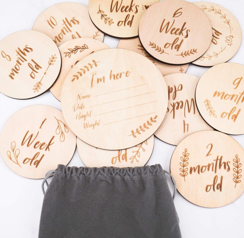 Customize Double Side Wooden Numbers Photo Props Newborn Milestone Cards With Bag Pregnancy Announcement Gift