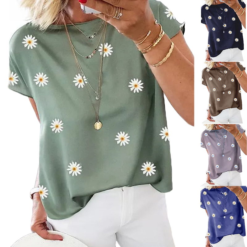 Summer Women's New T-shirt Small Daisy Print Loose Casual Jacket Women's Round Neck Pullover Short-sleeved T-shirt