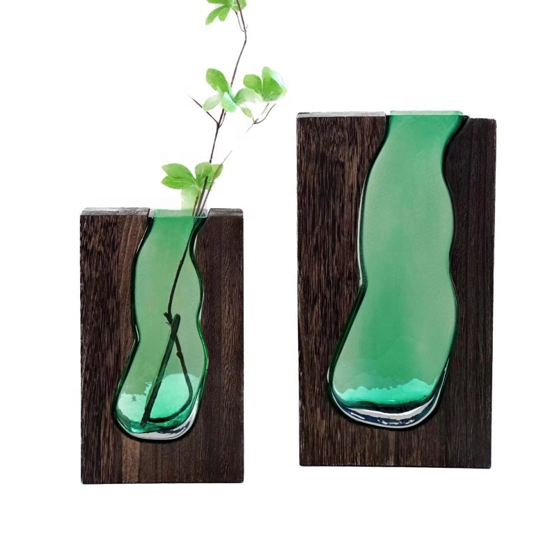 Wholesale Custom Dark Green Glass vases Home Decoration Glass vases Combining Wood And Glass