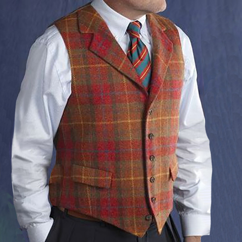 Hot Sale Mens Classic Plaid Dress Waistcoat Single Breasted V-neck Formal Suit Vest