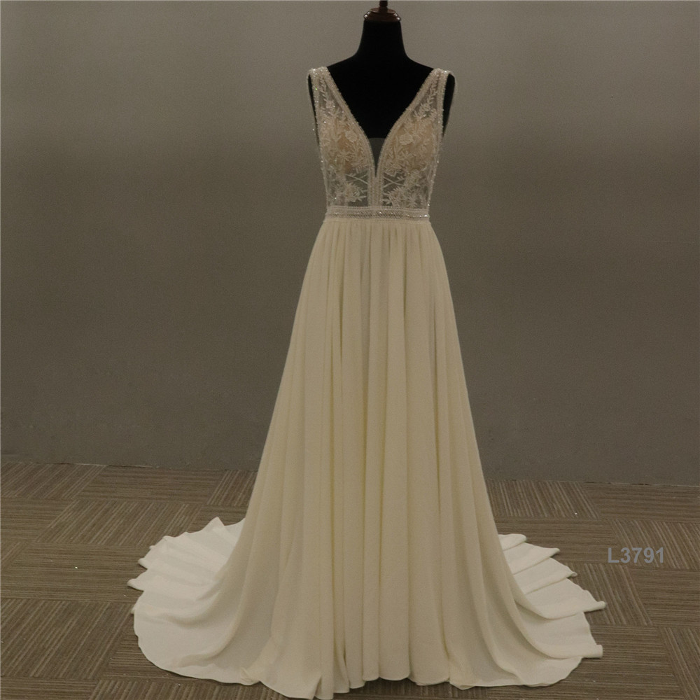 Elegant Lady Sweetheart Lace Applique Lace ivory backless v neck Wedding Gown Bride Dress