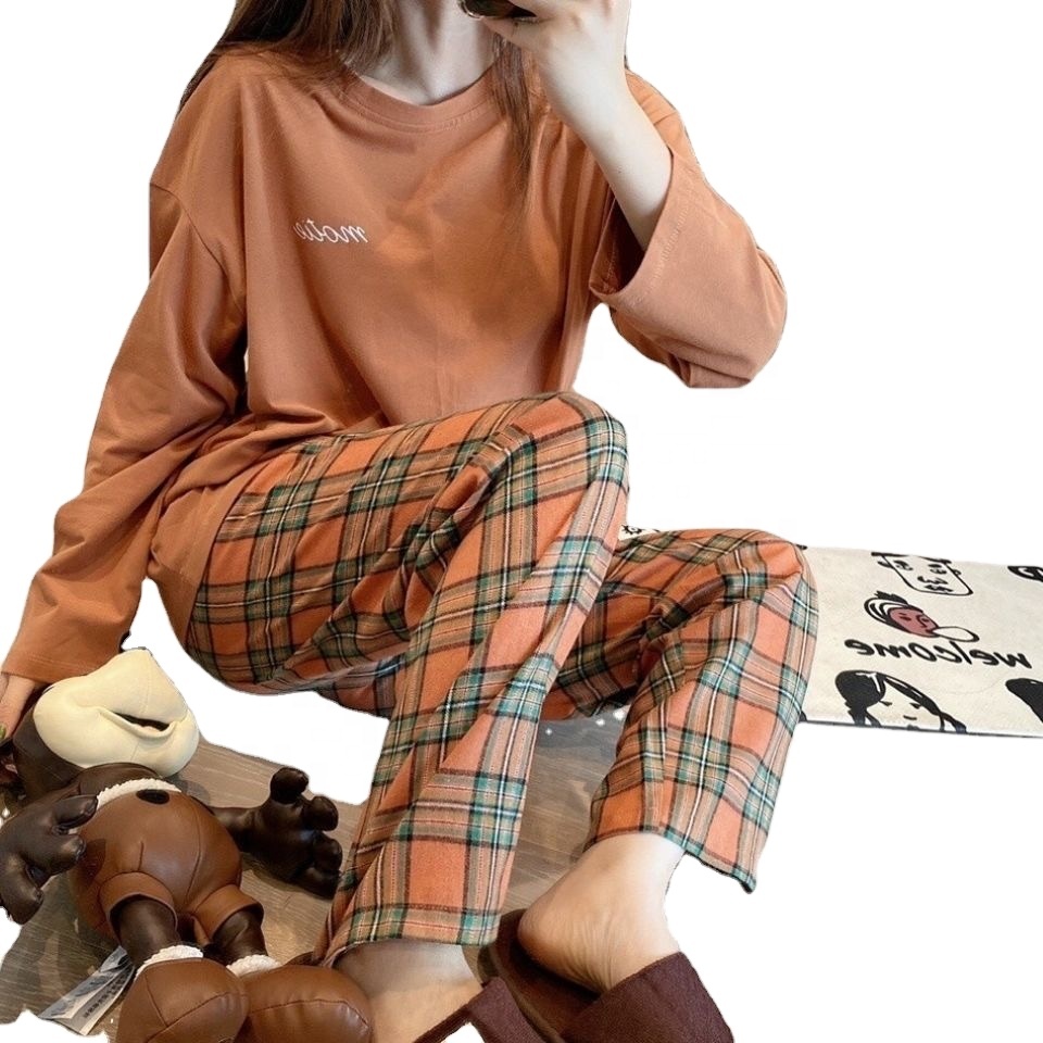 Wholesale Fashion Home Wear Long Sleeve Blank Plain Body Plaid Trouser 2Pcs Sets Pajamas O-neck Soft Oversize Sleepwear For Wom