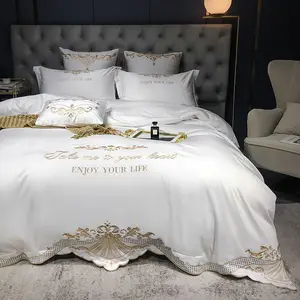Exquisite Embroidery Design Tencel Silk Bedding Set Bed Sheets With Duvet Cover Set
