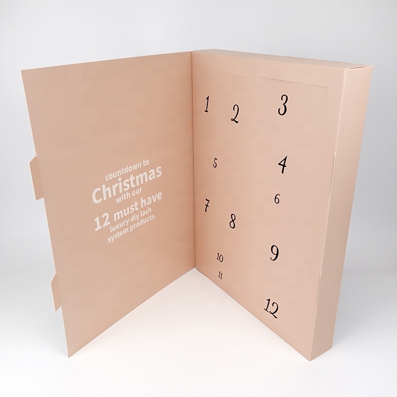 Custom design 12 days advent calendar paper gift box with insert tray for Christmas cosmetic packaging