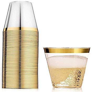 9Oz Gold Rim Disposable Whiskey Glasses Elegant Plastic Wedding Party Cups with Gold Rim 50 PACK
