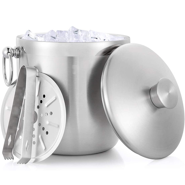 Double Walled Ice Bucket 1.3L Ice Buckets   Tongs Coolers   Holders with Lid Insulated Stainless Steel Metal Eco-friendly LFGB