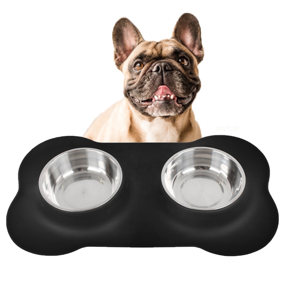 DIVTOP Puppy Small Medium Dogs Stainless Steel Water and Food Feeder Non Spill Skid Resistant Silicone Mat Dog Bowl.