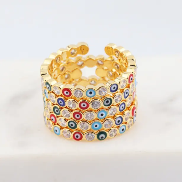 Brass bling gold plated evil eye ring zircon adjustable enamel ring turkish evil eye jewelry luxury ring for women 2022 trendy