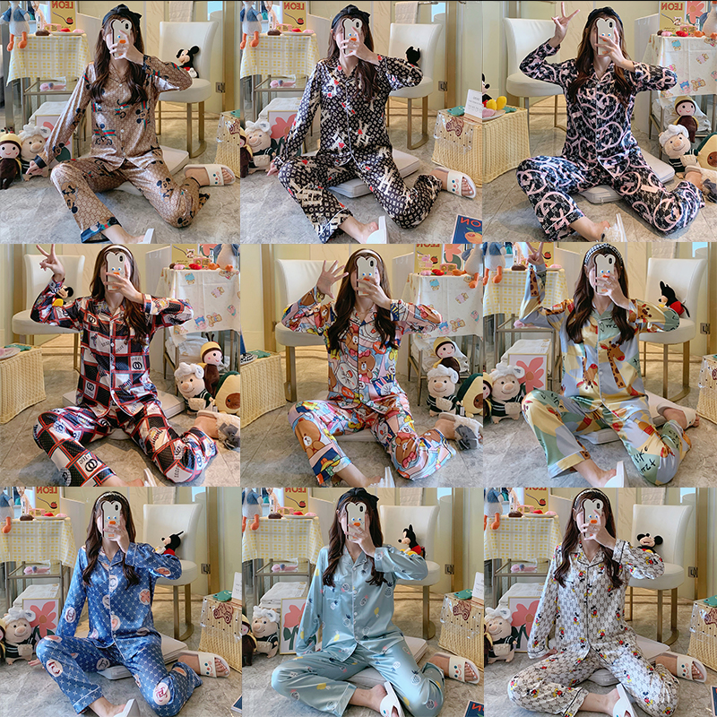 Women's satin pajamas silk long sleeve with trousers 2pcs set sweet Korean luxury style cartoons house wear women's sleepwear