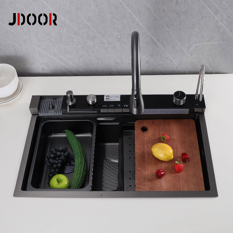 Кухонная раковина JDOOR SUS304 ручной работы, многофункциональный прибор с дисплеем температуры, кухонная раковина «Водопад» черного цвета со светодиодной подсветкой