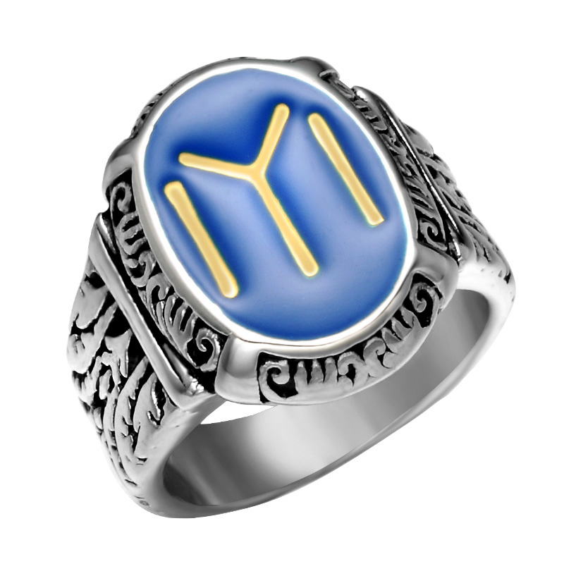 Biker Jewelry Blue Enamel Custom Imitation Silver 316L Stainless Steel Casting Champion Kayi Ertugrul Unisex Ring for Punk Men