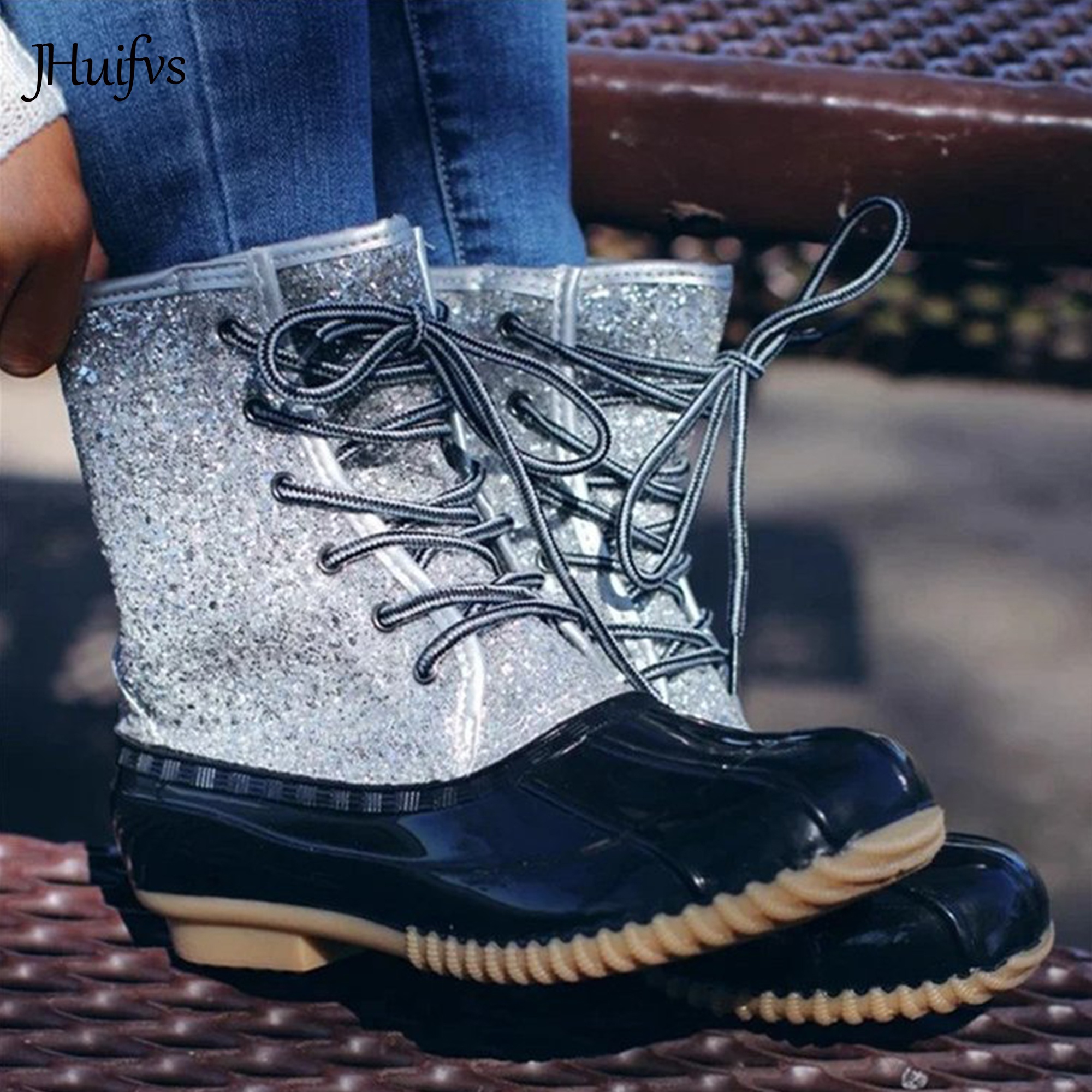 In Stock Adults Short Glitter Shimmer Duck Boots Fashion Rubber Waterproof Rain Boots