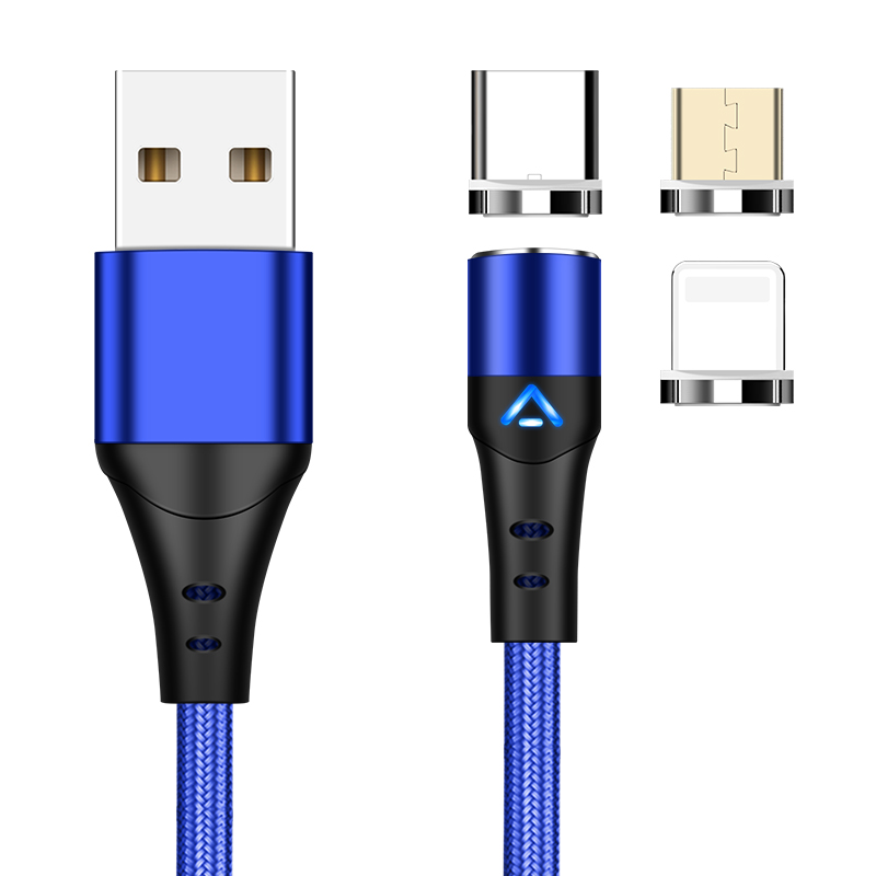 Nylon Braided 3 in 1 Cable 3A Type C Micro USB Magnetic Data Cable 360 Rotating Charger Cable for iPhone