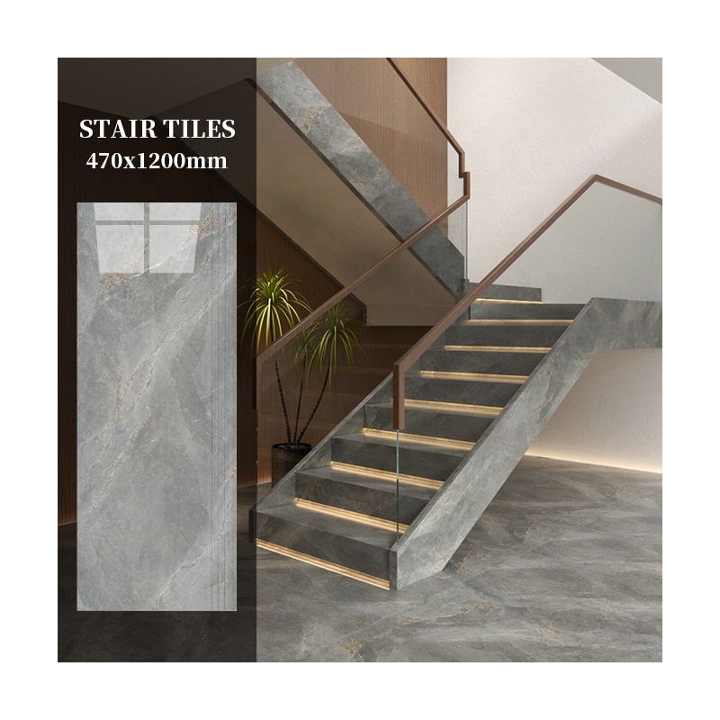 Indoor Marble Look Porcelain Anti-Slip Step Tiles For Stairs And Risers Luxury Design With Glossy Finish