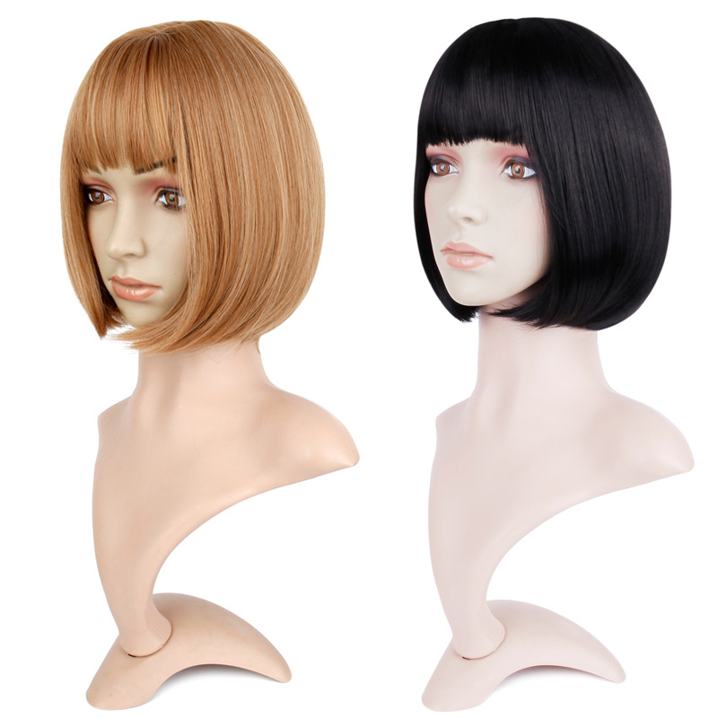 Ready To Ship Straight Black Or Gold Color Synthetic Bob Wig Short Bob Wigs With Bangs For Students