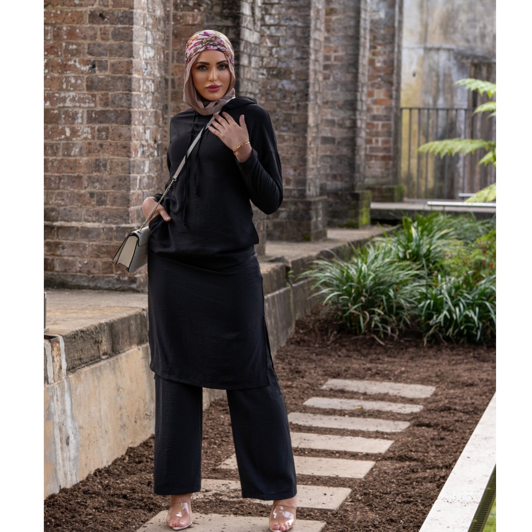 SIPO Loose Fit Design Crew Modest Long Sleeves Modest Clothing Wide Leg Pants Muslim Two Piece Set