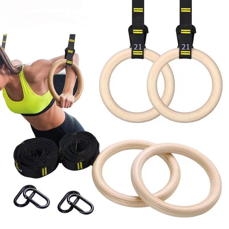 Gym Exercise Home Fitness strength Training Wood Gymnastic Rings with Adjustable straps 28mm 32mm pull up rings