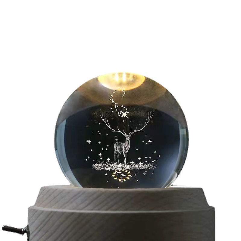 Custom 3D Crystal Ball Music Box Rotating Musical Box with Night Light and Wood Base With Music box rotating speaker