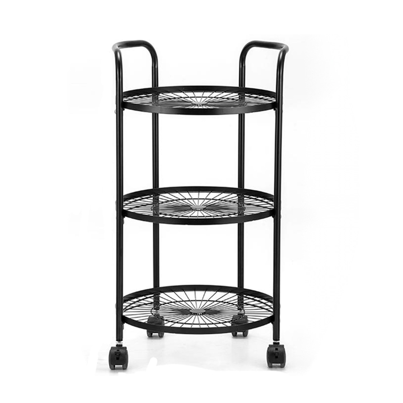 Kitchen 3 tier metal basket trolley storage rack with handrail for vegetable and fruit storage
