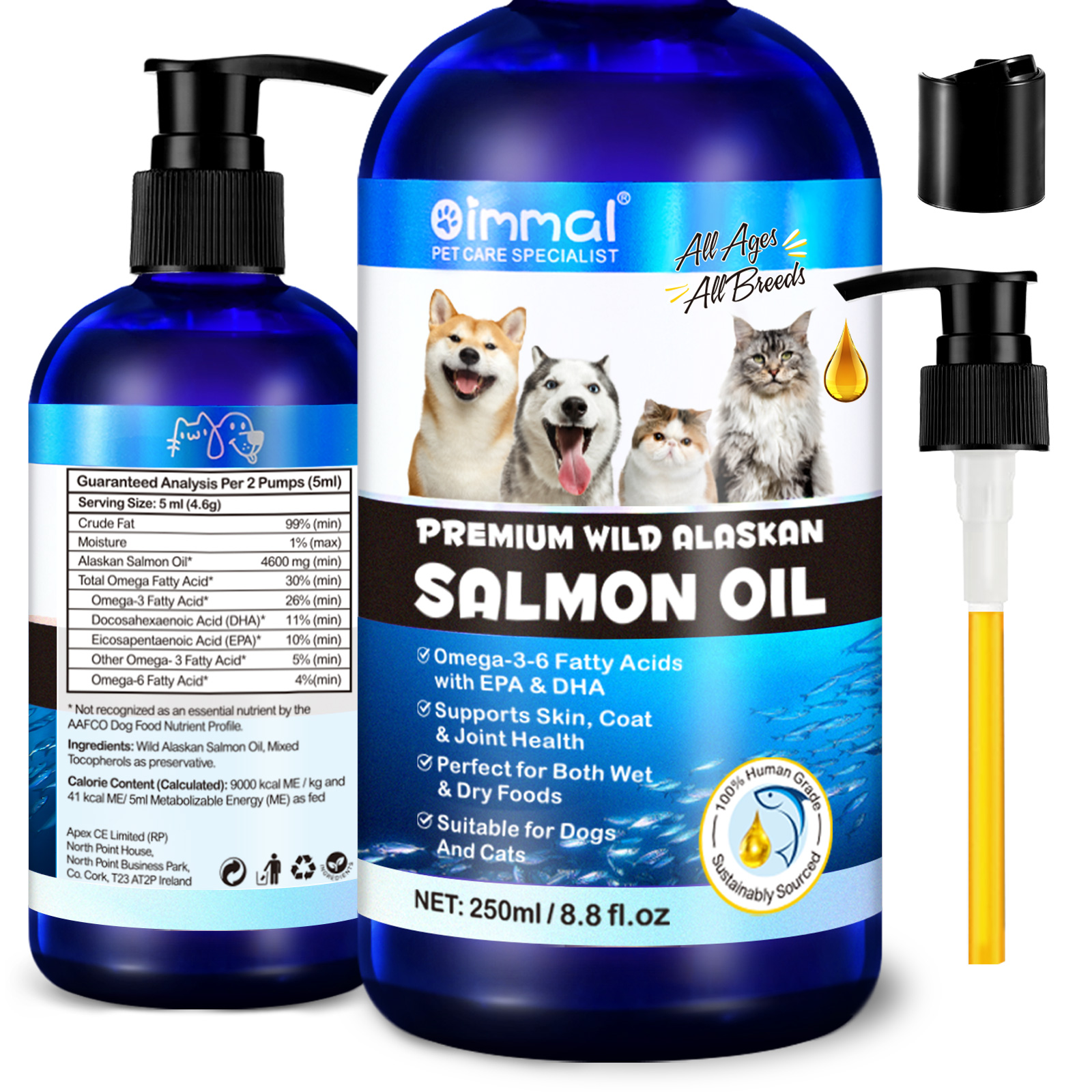 OIMMAI private label pet рыбий жир насос, поддерживающий кожу, здоровье, натуральный, EPA DHA omega 3 6, дикий Аляскинский лососевый жир для домашних животных